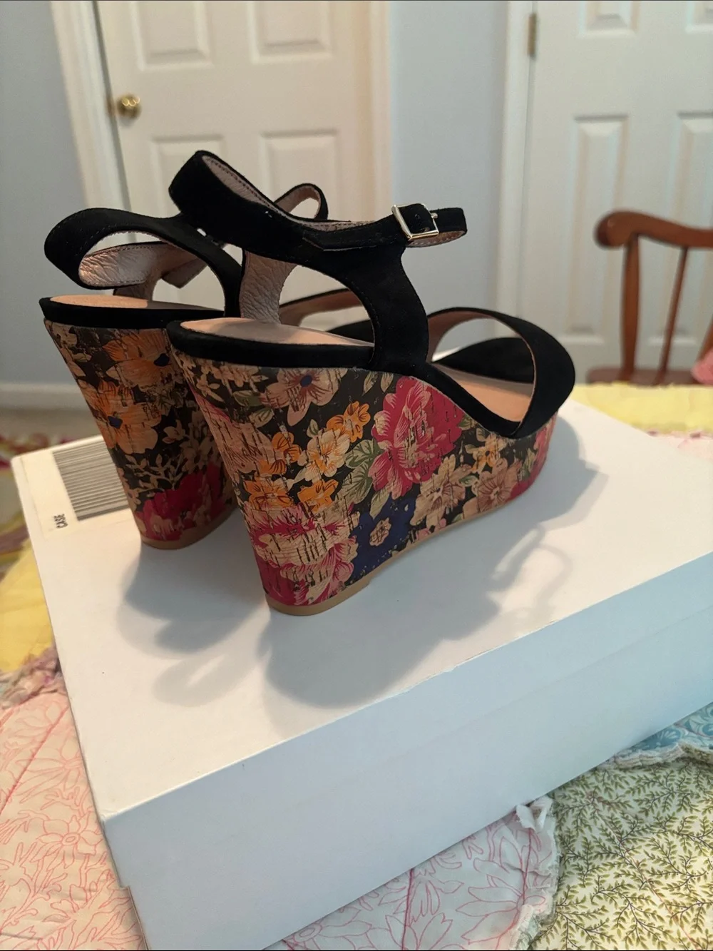 Anthropologie Black Suede Floral Cork-Style Platform Wedge Sandals